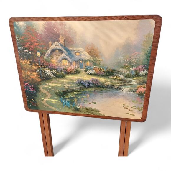 Vintage Thomas Kinkade Wooden TV Trays Tables Set Lot of 4 Folding Snack Trays - Picture 2 of 8